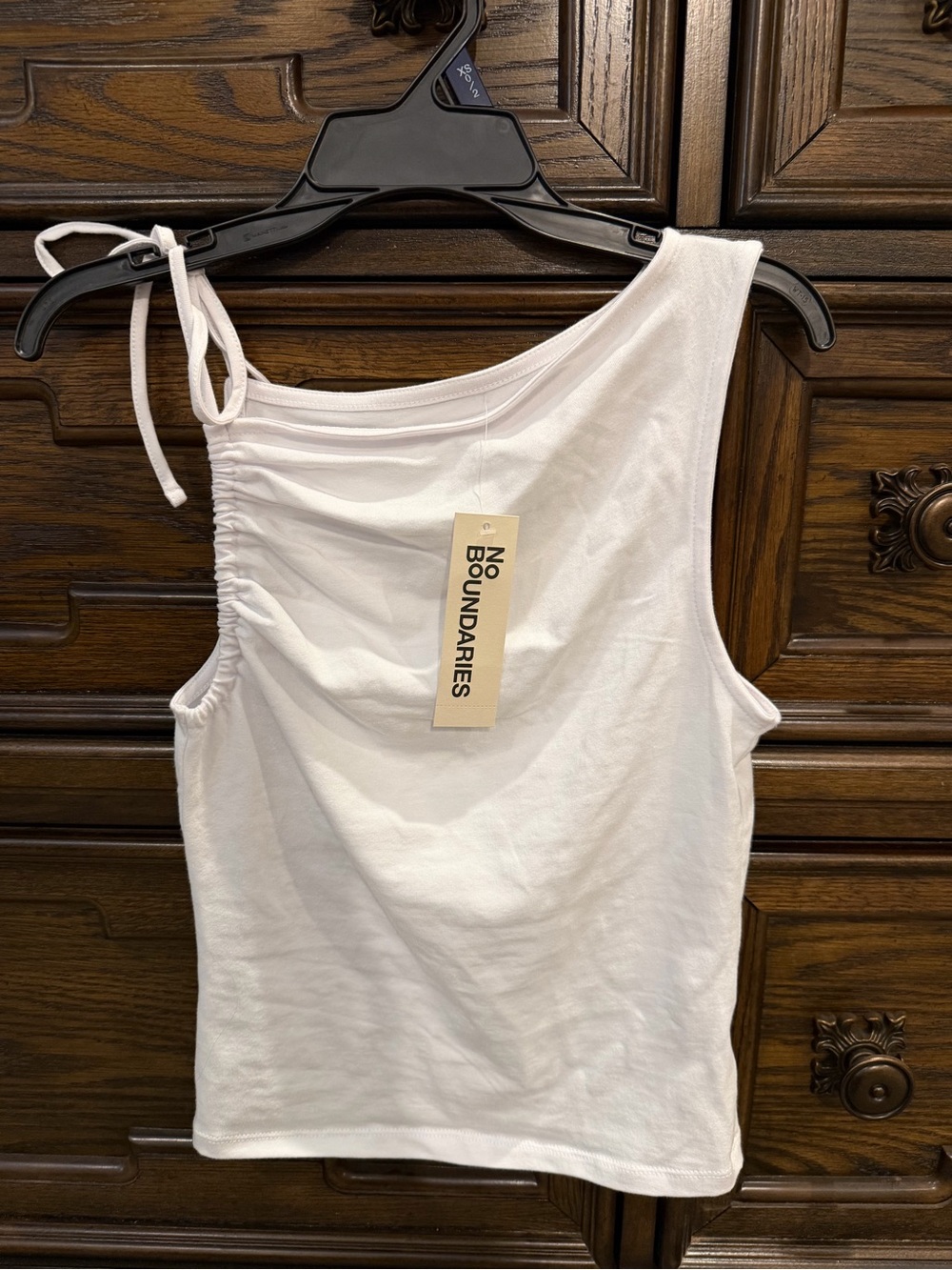 No Boundaries White One-Shoulder Ruched Tie Tank